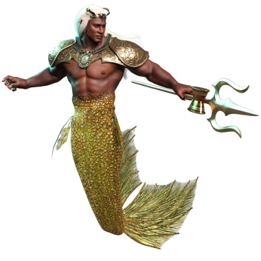 3D denizadamı kralı altın zırhlı ve tacında şeffaf arka planda izole edilmiş bir mızrak var.