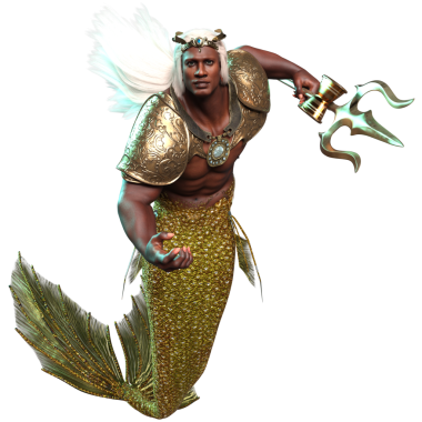 3D denizadamı kralı altın zırhlı ve tacında şeffaf arka planda izole edilmiş bir mızrak var.