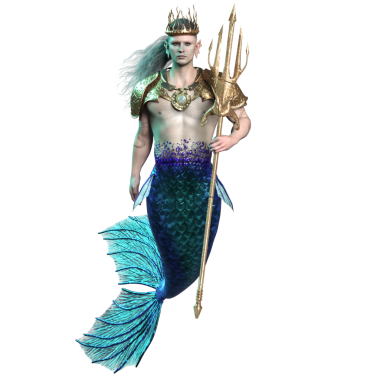 Üç boyutlu denizadamı kralı, bir taç, altın bir zırh ve şeffaf arka planda izole edilmiş bir mızrak.