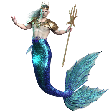 Üç boyutlu denizadamı kralı, bir taç, altın bir zırh ve şeffaf arka planda izole edilmiş bir mızrak.