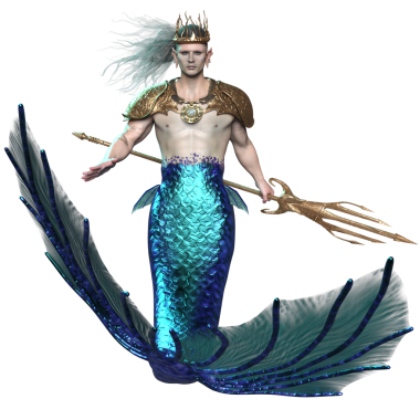 Üç boyutlu denizadamı kralı, bir taç, altın bir zırh ve şeffaf arka planda izole edilmiş bir mızrak.