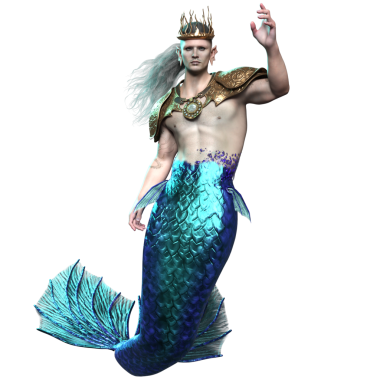 3 boyutlu deniz adamı kralı, şeffaf arka planda izole edilmiş bir taç ve altın zırh.