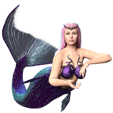 3 boyutlu, pembe uzun saçlı ve şeffaf arkaplanda mor renkli yanardöner kuyruklu bir deniz kızı.