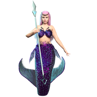 3 boyutlu, pembe uzun saçlı ve mor renkli yanardöner kuyruklu bir deniz kızı. Elinde şeffaf arka planda izole edilmiş bir mızrak var.