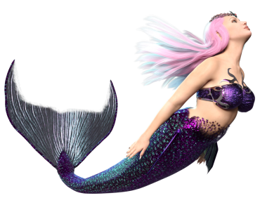 3 boyutlu, pembe uzun saçlı ve şeffaf arkaplanda mor renkli yanardöner kuyruklu bir deniz kızı.