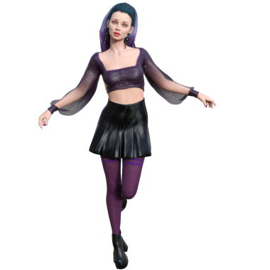 Üç boyutlu, boyalı saçlı, şeffaf arkaplanda deri etekli şehir kadını karakteri.