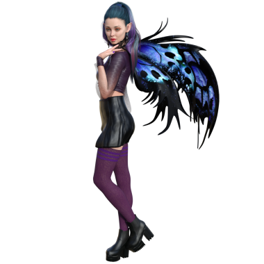 3D, şeffaf arkaplanda kelebek kanatları olan karanlık kentsel fantezi gotik perisi yarattı.