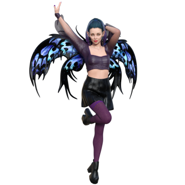 3D, şeffaf arkaplanda kelebek kanatları olan karanlık kentsel fantezi gotik perisi yarattı.