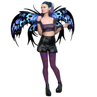 3D, şeffaf arkaplanda kelebek kanatları olan karanlık kentsel fantezi gotik perisi yarattı.