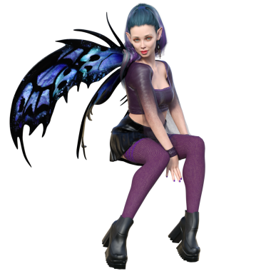 3D, şeffaf arkaplanda kelebek kanatları olan karanlık kentsel fantezi gotik perisi yarattı.