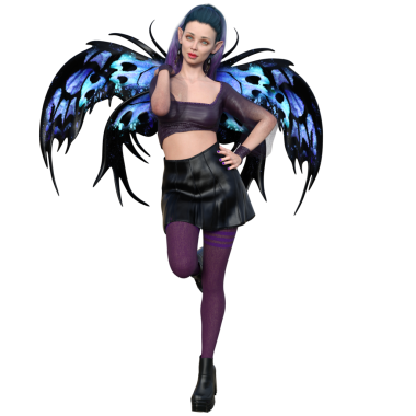 3D, şeffaf arkaplanda kelebek kanatları olan karanlık kentsel fantezi gotik perisi yarattı.