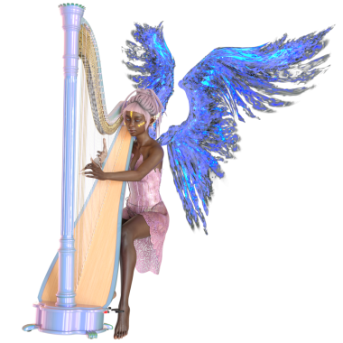 Arp çalan mavi neon kanatlı 3 boyutlu hayali siber peri şeffaf arka planda izole edilmiş.