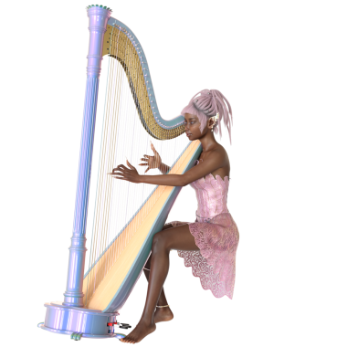 3 boyutlu, pembe elbiseli, pembe saçlı, şeffaf arp çalan bir fantezi perisi.