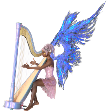 Arp çalan mavi neon kanatlı 3 boyutlu hayali siber peri şeffaf arka planda izole edilmiş.