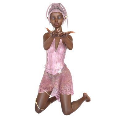 3 boyutlu, pembe elbiseli, şeffaf arka planda pembe saçlı güzel bir dişi peri.