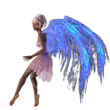 Pembe elbiseli ve şeffaf arkaplanda izole edilmiş mavi neon kanatlı 3D hazırlanmış peri.