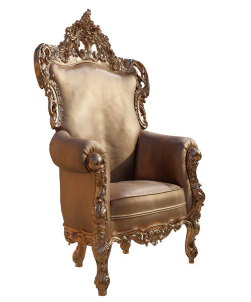 Şeffaf arkaplanda izole edilmiş altın detayları olan 3 boyutlu klasik koltuk