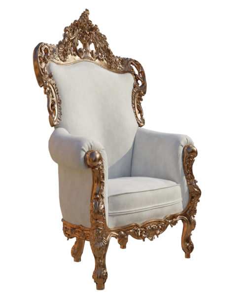 Şeffaf arkaplanda izole edilmiş altın detayları olan 3 boyutlu klasik koltuk