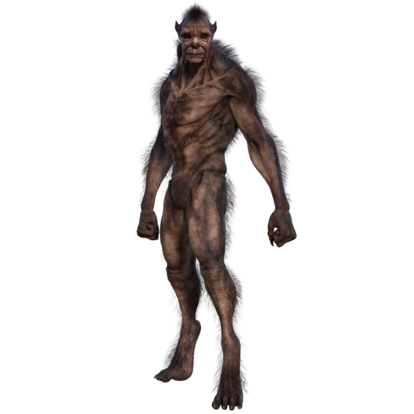 Şeffaf arkaplanda 3 boyutlu kahverengi kurt adam izole edilmiş.