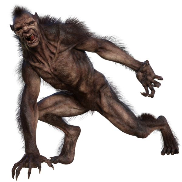 Şeffaf arkaplanda 3 boyutlu kahverengi kurt adam izole edilmiş.