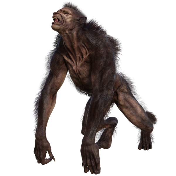 Şeffaf arkaplanda 3 boyutlu kahverengi kurt adam izole edilmiş.