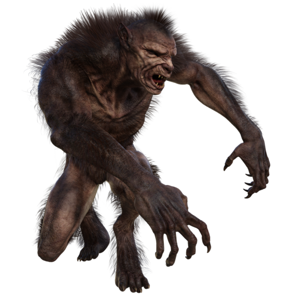 Şeffaf arkaplanda 3 boyutlu kahverengi kurt adam izole edilmiş.