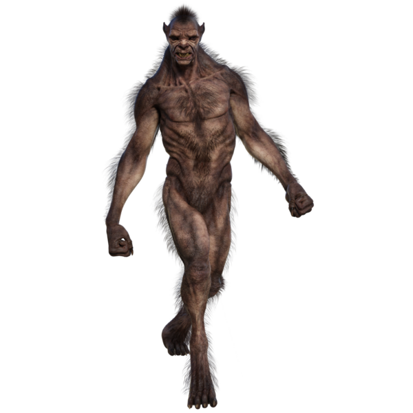 Şeffaf arkaplanda 3 boyutlu kahverengi kurt adam izole edilmiş.