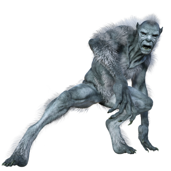 Üç boyutlu beyaz kurtadam canavarı şeffaf arka planda izole edilmiş.