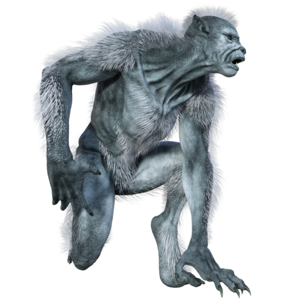 Üç boyutlu beyaz kurtadam canavarı şeffaf arka planda izole edilmiş.