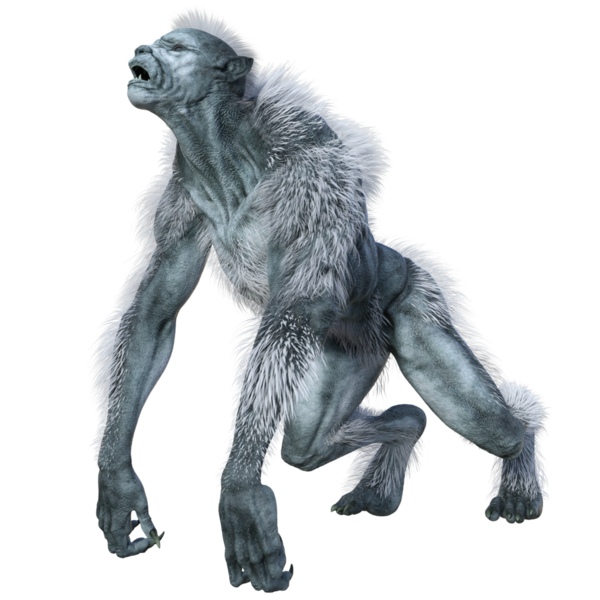 Üç boyutlu beyaz kurtadam canavarı şeffaf arka planda izole edilmiş.