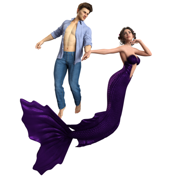 Bir denizkızı ve şeffaf arka planda izole edilmiş kot pantolon giyen bir adamla üç boyutlu bir çift.