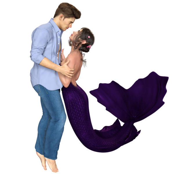 Bir denizkızı ve şeffaf arka planda izole edilmiş kot pantolon giyen bir adamla üç boyutlu bir çift.