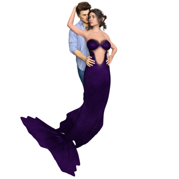 Bir denizkızı ve şeffaf arka planda izole edilmiş kot pantolon giyen bir adamla üç boyutlu bir çift.