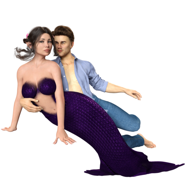 Bir denizkızı ve şeffaf arka planda izole edilmiş kot pantolon giyen bir adamla üç boyutlu bir çift.