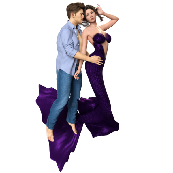 Bir denizkızı ve şeffaf arka planda izole edilmiş kot pantolon giyen bir adamla üç boyutlu bir çift.