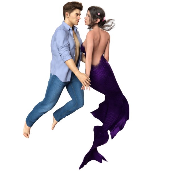 Bir denizkızı ve şeffaf arka planda izole edilmiş kot pantolon giyen bir adamla üç boyutlu bir çift.