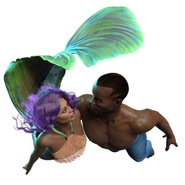 Bir denizkızı ve şeffaf arka planda izole edilmiş kot pantolon giyen bir adamla üç boyutlu bir çift.