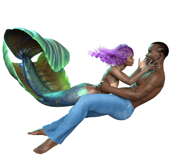 Bir denizkızı ve şeffaf arka planda izole edilmiş kot pantolon giyen bir adamla üç boyutlu bir çift.
