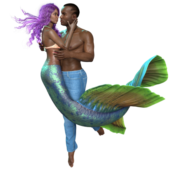 Bir denizkızı ve şeffaf arka planda izole edilmiş kot pantolon giyen bir adamla üç boyutlu bir çift.