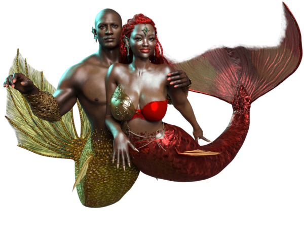 3 boyutlu çift, deniz kızı ve deniz adamı, şeffaf arka planda izole edilmiş romantik bir pozda.