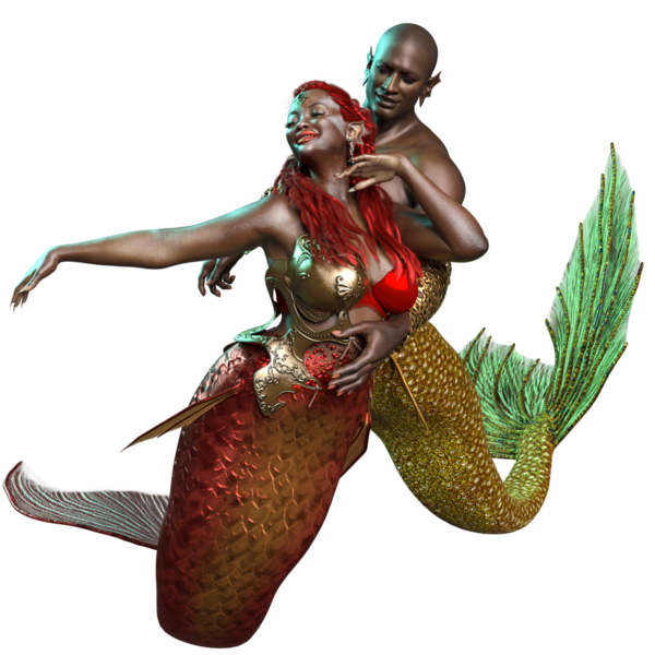 3 boyutlu çift, deniz kızı ve deniz adamı, şeffaf arka planda izole edilmiş romantik bir pozda.