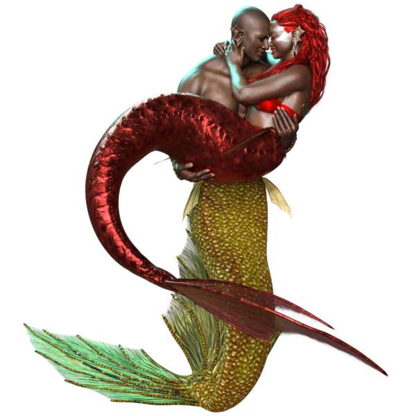 3 boyutlu çift, deniz kızı ve deniz adamı, şeffaf arka planda izole edilmiş romantik bir pozda.