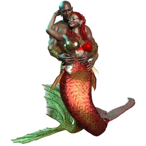 3 boyutlu çift, deniz kızı ve deniz adamı, şeffaf arka planda izole edilmiş romantik bir pozda.