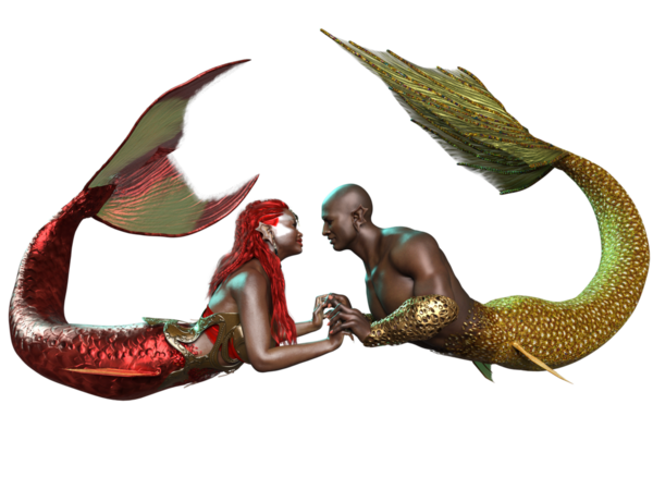 3 boyutlu çift, deniz kızı ve deniz adamı, şeffaf arka planda izole edilmiş romantik bir pozda.