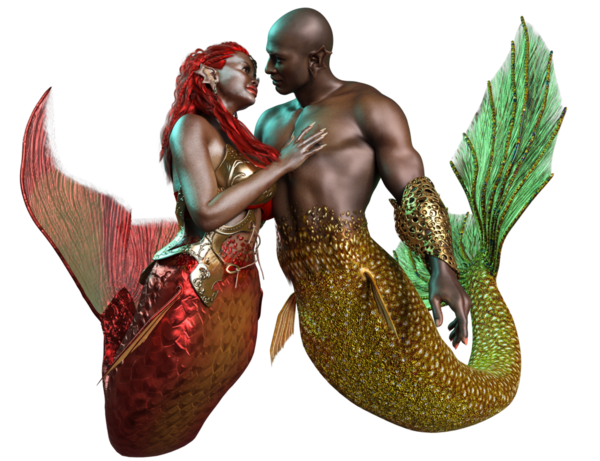 3 boyutlu çift, deniz kızı ve deniz adamı, şeffaf arka planda izole edilmiş romantik bir pozda.