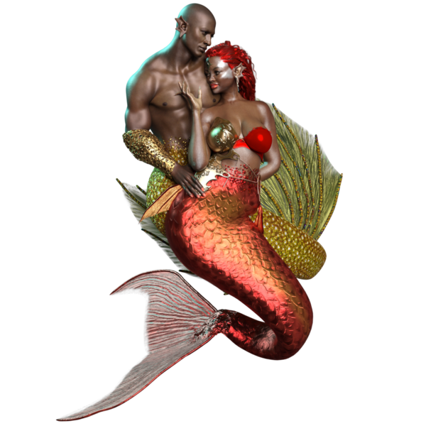 3 boyutlu çift, deniz kızı ve deniz adamı, şeffaf arka planda izole edilmiş romantik bir pozda.