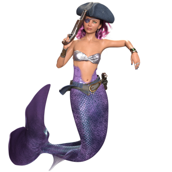 Mor renkli parlak kuyruklu 3D denizkızı ve şeffaf arka planda izole edilmiş bir korsan gibi giyinmiş gümüş bir bikini.