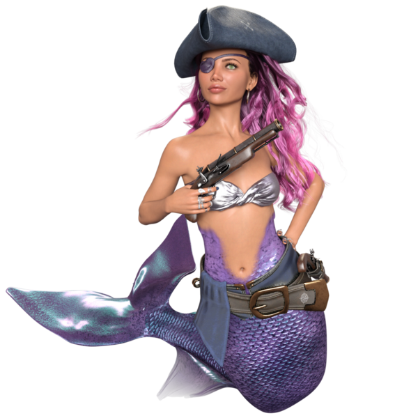 Mor renkli parlak kuyruklu 3D denizkızı ve şeffaf arka planda izole edilmiş bir korsan gibi giyinmiş gümüş bir bikini.