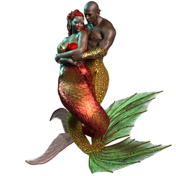 3 boyutlu çift, deniz kızı ve deniz adamı, şeffaf arka planda izole edilmiş romantik bir pozda.