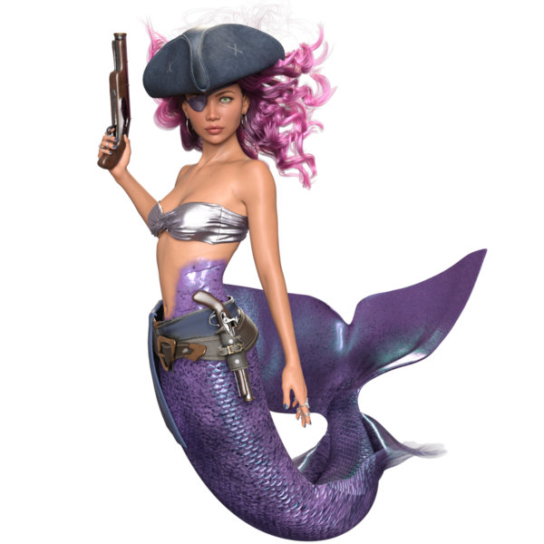 Mor renkli parlak kuyruklu 3D denizkızı ve şeffaf arka planda izole edilmiş bir korsan gibi giyinmiş gümüş bir bikini.